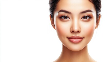 Fototapeta premium Young Asian woman with radiant, fresh skin on a pure white background, promoting facial care and beauty treatments with a serene expression.