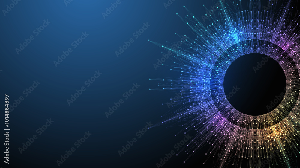 Fototapete Scientific vector illustration quantum computer technology. Plexus fiction effect. Deep learning artificial intelligence. Big data algorithms visualization. Quantum explosion background.
