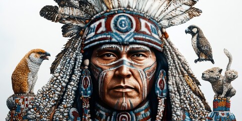 Obraz premium [A bold depiction of a Native American chief, with intricate beadwork and animal totems], on a white background, high resolution, high detail, masterpiece,
