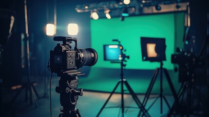 Modern videography studio with cameras, green screens, and lighting, prepared for film or photo shoots.