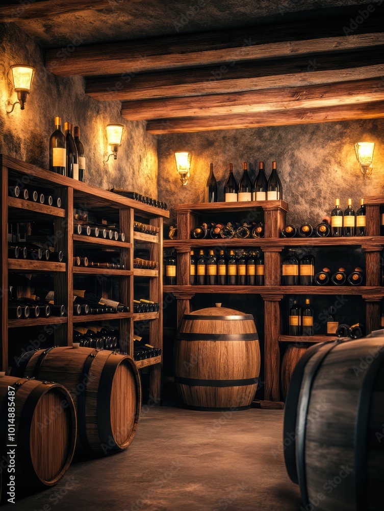Poster explore a rustic wine cellar adorned with wooden barrels and shelves filled with variety of wine bot