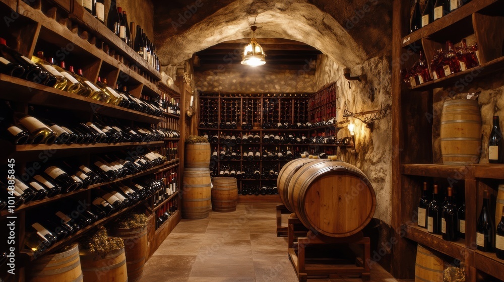 Poster explore a wine cellar filled with wooden barrels and shelves of carefully arranged wine bottles in a