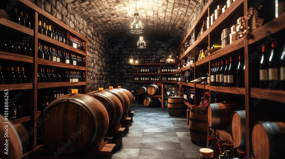 Poster explore a charming wine cellar featuring wooden barrels and shelves stocked with an extensive collec