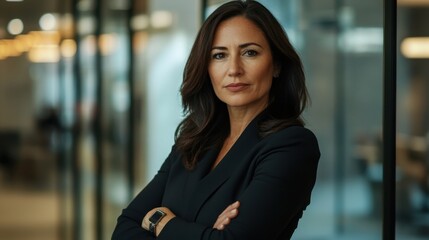 Positive and successful Latin businesswoman, 45 years old, arms crossed, looking directly at the camera in a well-lit office space, representing corporate leadership