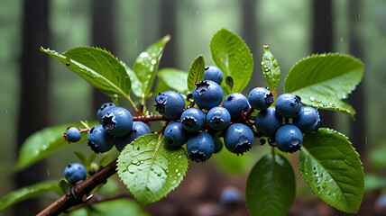 Wild blueberries are growing on a branch in a rainy forest. blueberries in the forest. Ai generative