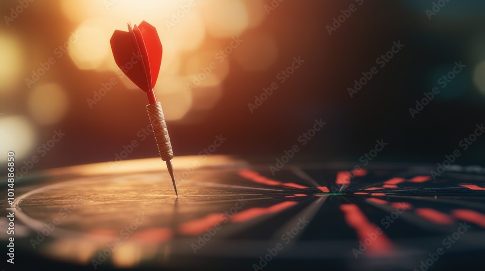 Poster red dart perfectly hitting the target on a dartboard, with a double exposure of a rising stock graph