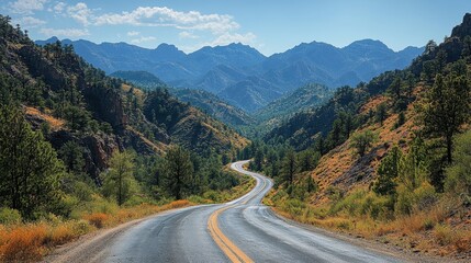 Fototapeta premium Scenic mountain road winding through the landscape, captured from a distance, showcasing the beauty of the drive 