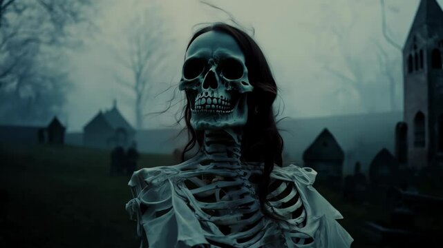 evoking of a dead bride in a haunting atmosphere spooky Halloween depiction of a skeletal bride in a foggy, eerie graveyard
