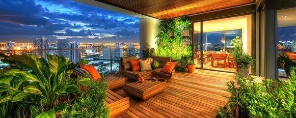 Obraz premium Luxurious Miami terrace with contemporary wooden furniture and vibrant green plants, overlooking city lights