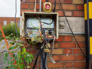 Exposed and tangled electrical wiring in an outdoor utility box on red brick wall.