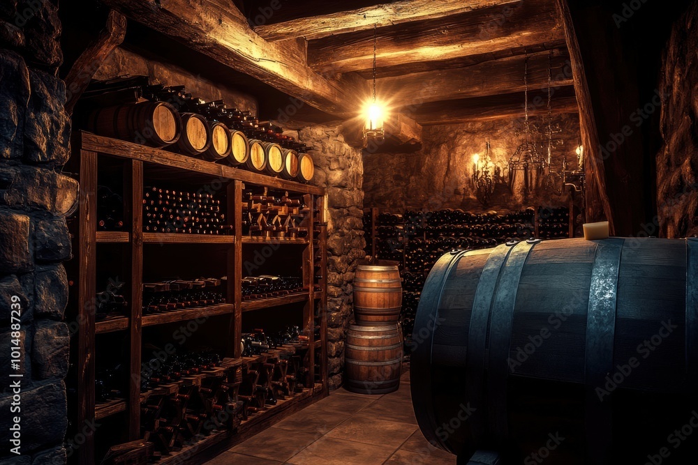 Poster a rustic wine cellar showcasing wooden barrels and shelves brimming with assorted wine bottles in a 