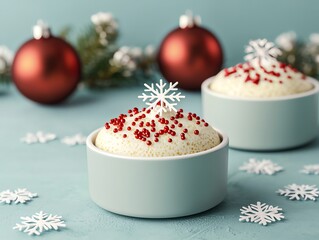 Festive dessert cups topped with snowflakes and red sprinkles on a blue background.