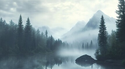 Mysterious foggy forest and mountain landscape with soft light filtering through clouds, reflecting on a calm lake. Faint outlines of trees, rocks, and distant mountains blend into the mist, 