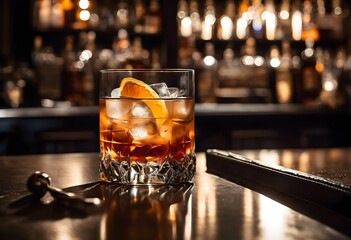 Smoky Old Fashioned Cocktail with Dramatic Shadows and Warm Bar Light