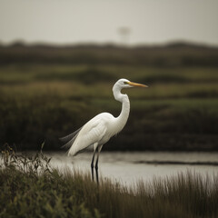 Fototapeta premium Marshland Sentry: Egret Standing Vigil in the Marshland