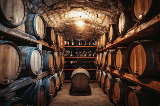 Explore a cozy wine cellar with rows of wooden barrels and shelves filled with exquisite wine bottles awaiting discovery. Generative AI