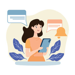 A young girl happily communicates on her smartphone, immersed in a conversation. Colorful notifications and chat bubbles surround her, creating a lively atmosphere.