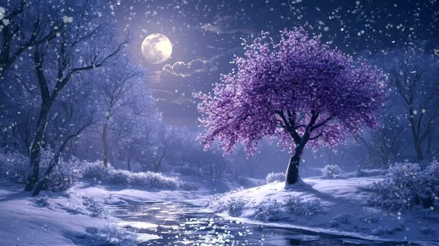 a beautiful purple tree on winter landscape with snow falling video animation background looping seamless 4k quality 