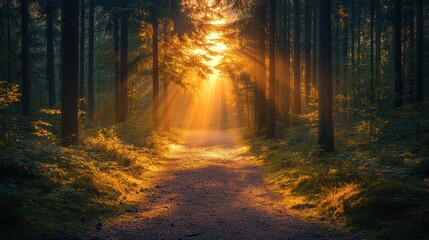 Fototapeta premium Scenic view of a forest path with sunlight filtering through, viewed from a distance, emphasizing the beauty of nature 