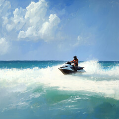 Oceanic Rush: Jet Skier Cruising Near the Beachhead