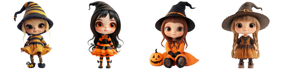 Set of cute doll 3D volumetric doll, Dressed up in Halloween costume on a transparent background