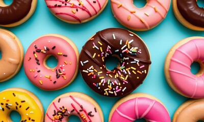 Fototapeta premium Colorful assorted donuts, vibrant frosting, sprinkles, chocolate glaze