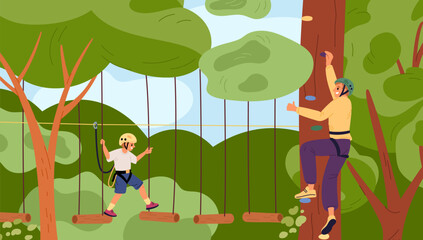 Father and son have fun in rope park. Happy family on adventure forest attraction. Suspension bridge. Kid overcoming obstacles. Dad climbing tree. Extreme sport. Garish vector concept