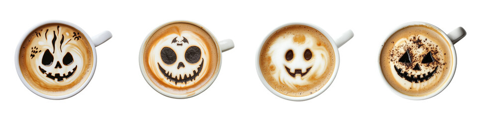 Set of a cream Cup of coffee with a Barista Halloween design on top on a transparent background