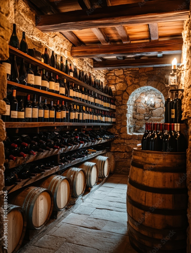 Poster explore the rustic charm of a wine cellar filled with wooden barrels and neatly arranged wine bottle