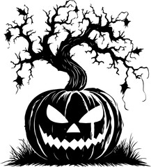 A black and white Halloween pumpkin. The pumpkin has a scary face and is surrounded by grass. Silhouette isolated on transparent background.