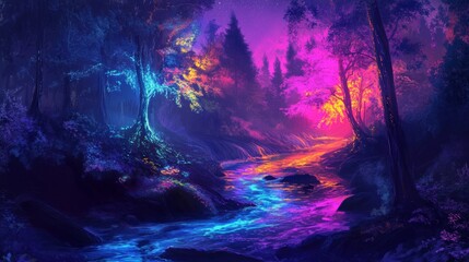 Fototapeta premium Enchanted Forest River at Night.