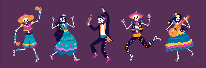 Dancing Mexican skeletons. Male and female deads in carnival costumes. Day of dead party. Halloween festival characters. Skeletal bodies. Bones and skulls. Horror fun. Garish vector set