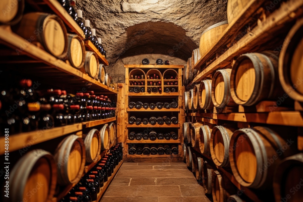 Poster a rustic wine cellar with wooden barrels and shelves stacked with various wine bottles in a cozy und