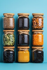 An artistic arrangement of colorful jars filled with grains and spices. The jars feature cork lids, highlighting freshness and vibrant ingredients. Perfect for culinary enthusiasts.
