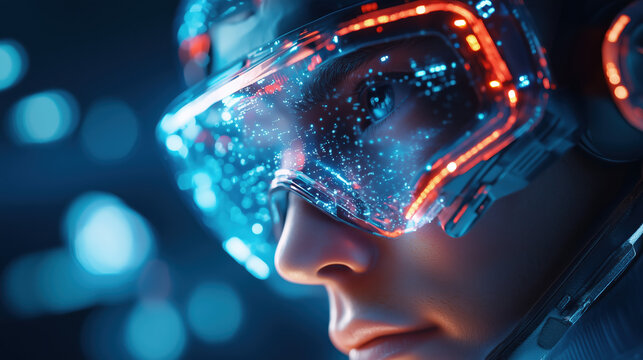 Dynamic Software-Enhanced Individual with Cyberpunk Holographic Features and Enhanced Abilities Captured in a Vibrant Futuristic Setting