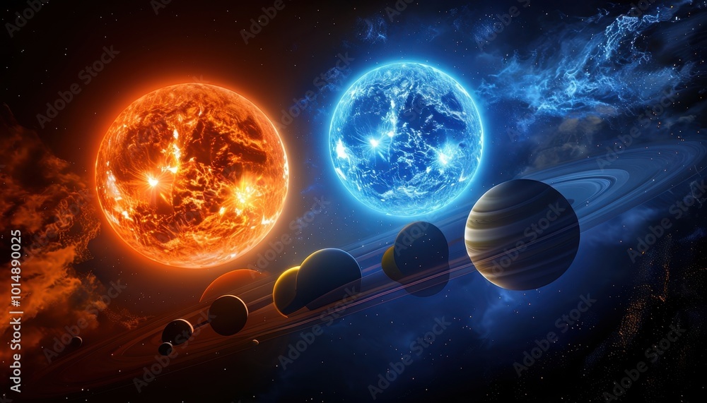 Poster a cosmic scene featuring two suns and a series of planets in a vibrant space setting.