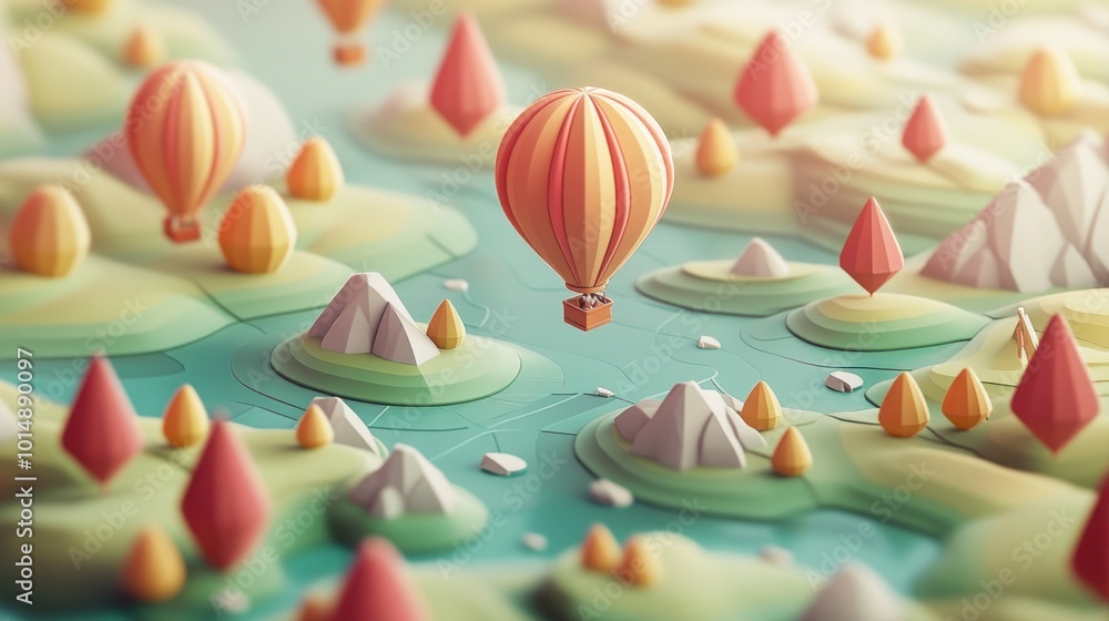 Wall mural a low-poly hot air balloon floats over a stylized landscape of islands and mountains.