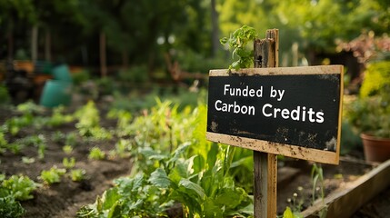 A community garden with a sign "Funded by Carbon Credits"