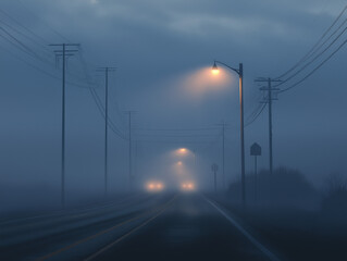 Misty Drive: A Foggy Highway at Dawn with Low-Hanging Mist