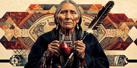 [A powerful image of a Native American elder holding a peace pipe, framed by cultural patterns and natural elements], on a white background,