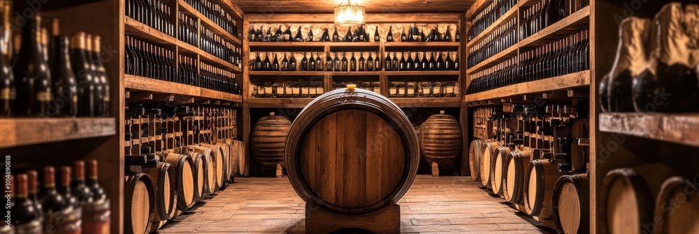 Poster a rustic wine cellar showcasing wooden barrels and neatly arranged bottles, perfect for connoisseurs