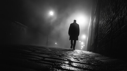 Wide shot of a lone criminal walking down a deserted street at night