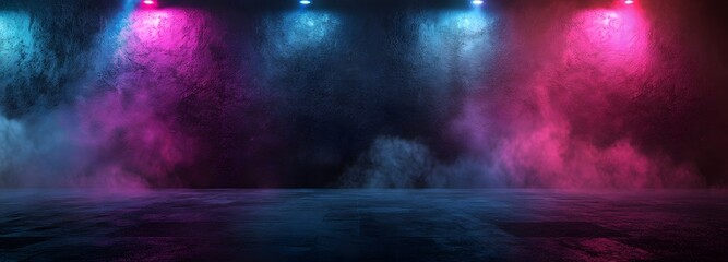 3. A captivating interior texture of a dark street with an asphalt floor, featuring vibrant neon lights and spotlights, enveloped in soft smoke, providing a unique setting for product presentation