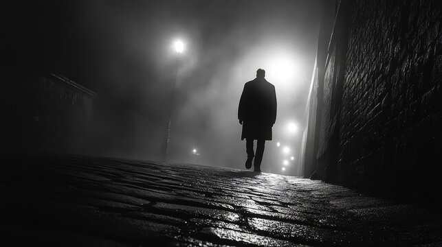 Wide shot of a lone criminal walking down a deserted street at night