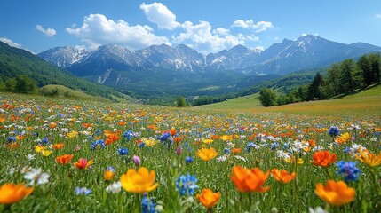 Obraz premium Scenic view of a flower field with mountains in the background, shot from a distance, emphasizing the beauty of the landscape 
