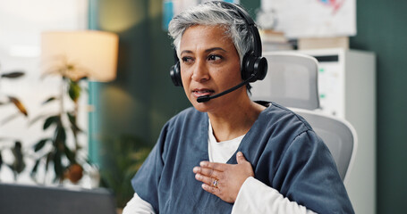 Healthcare, laptop and doctor on a call for telehealth consulting, medical service and online...