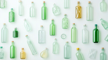 Glass bottles in various shades of green and clear are arranged artistically on white background, showcasing their unique shapes and textures. This vibrant display highlights beauty of glassware