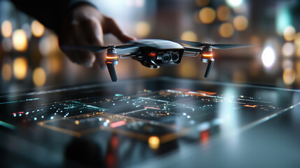 Futuristic Holographic User Interface for Drone Control with Intuitive Touchscreen Features and Real-Time Data Visualization