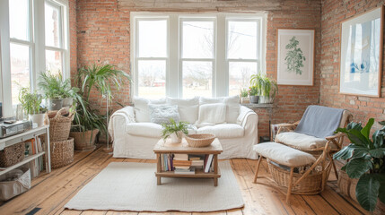 Fototapeta premium Cozy living room with white sofa, natural light, and brick walls, featuring plants and wooden coffee table. serene space for relaxation and comfort