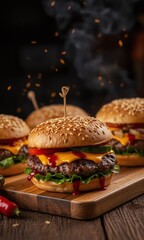 Juicy burgers, flame-grilled, sesame buns, fresh vegetables